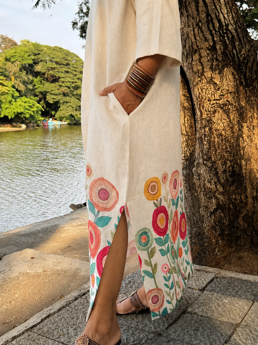Celora Floral Pure Linen Kaftan Dress Free Size