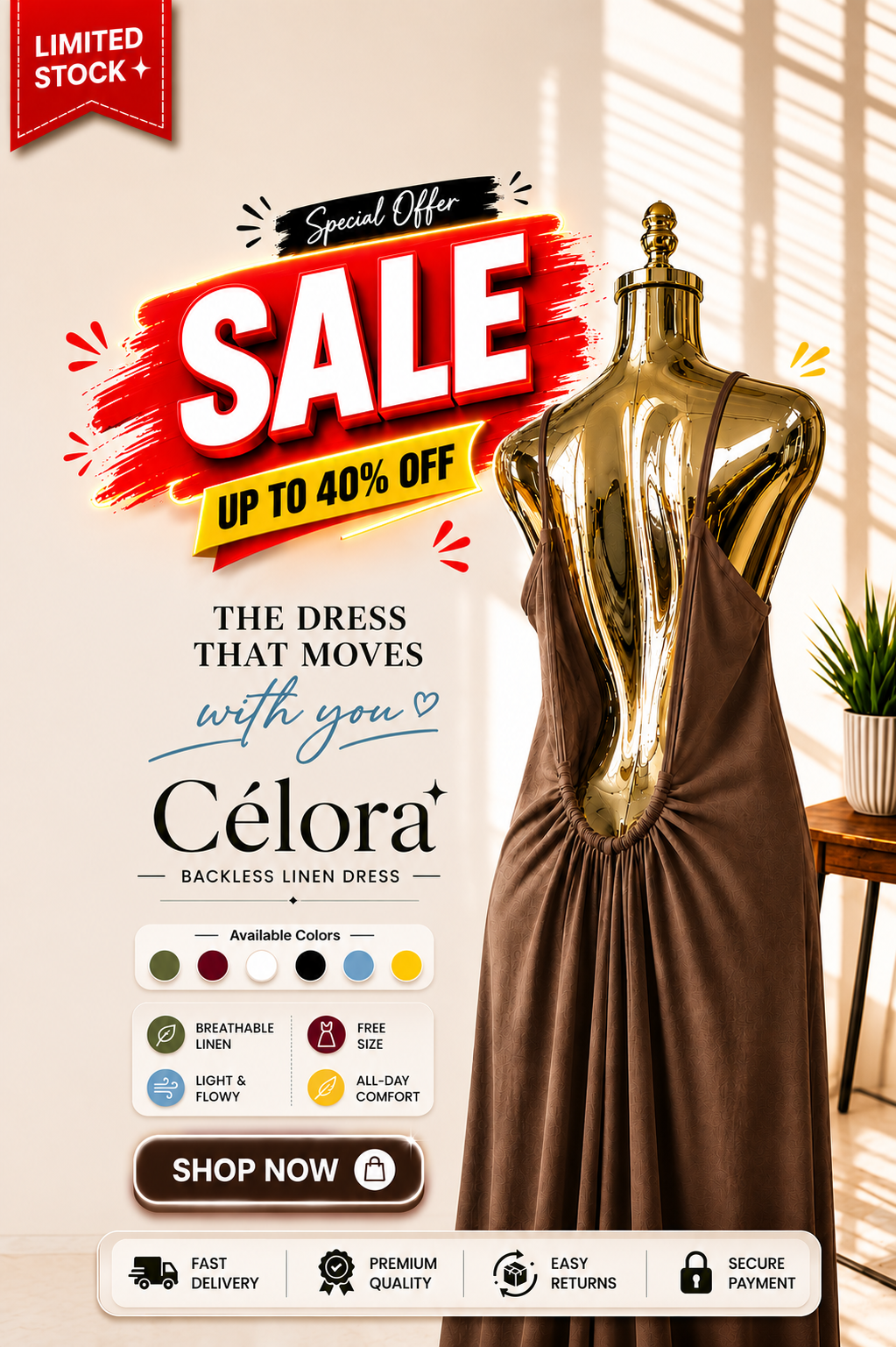 Célora Luxury Backless Linen Dress Cinnamon Brown – (Free Size) Breathable Flowy Fit