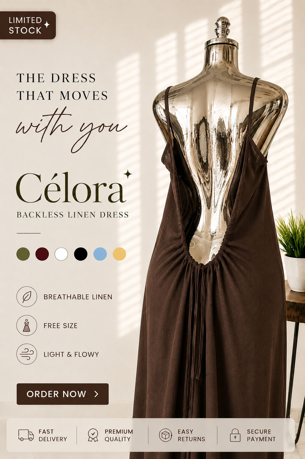 Célora Luxury Backless Linen Dress – (Free Size) Breathable Flowy Fit