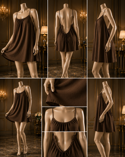 Célora backless linen mini dress showing the relaxed drape