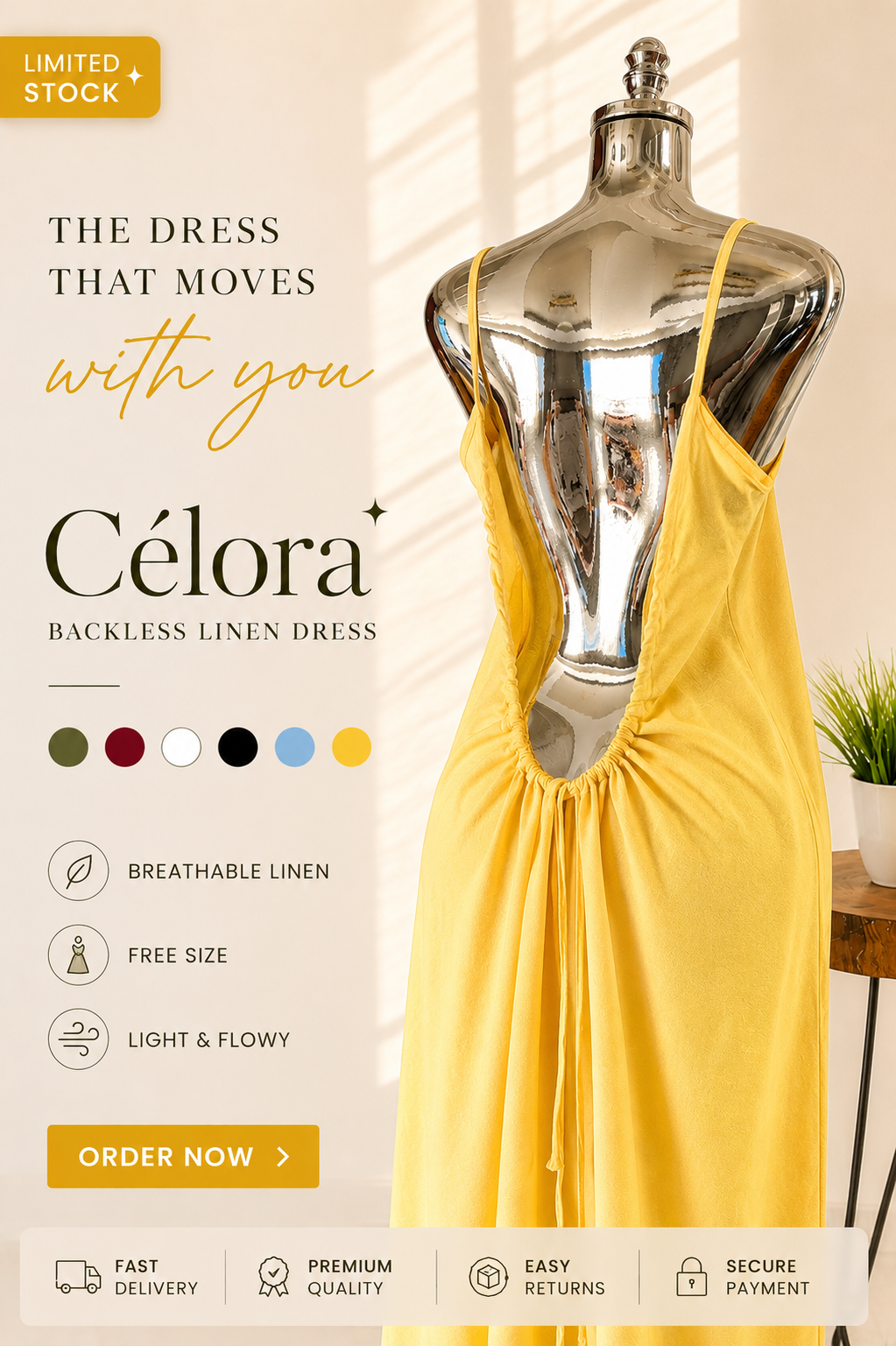 Célora Luxury Backless Linen Dress – (Free Size) Breathable Flowy Fit