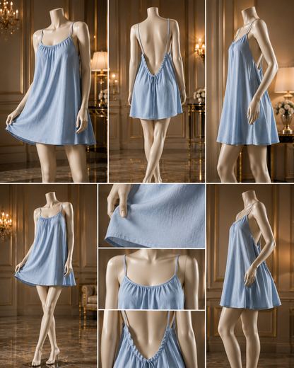 Célora backless linen mini dress, back view showing the open back