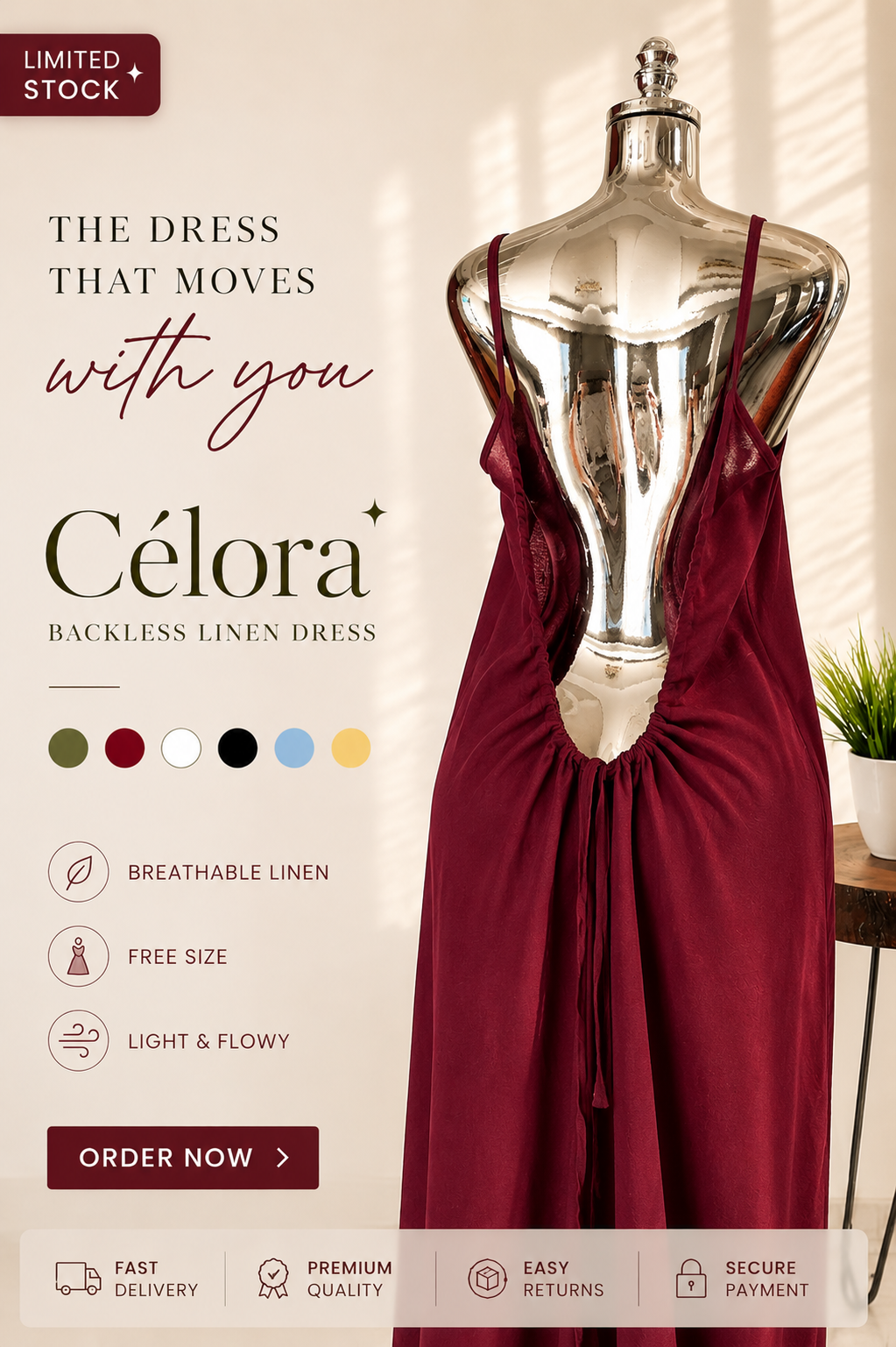 Célora Luxury Backless Linen Dress – (Free Size) Breathable Flowy Fit