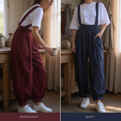 Célora everyday strap pants in Rosaline fabric, wide-leg cut