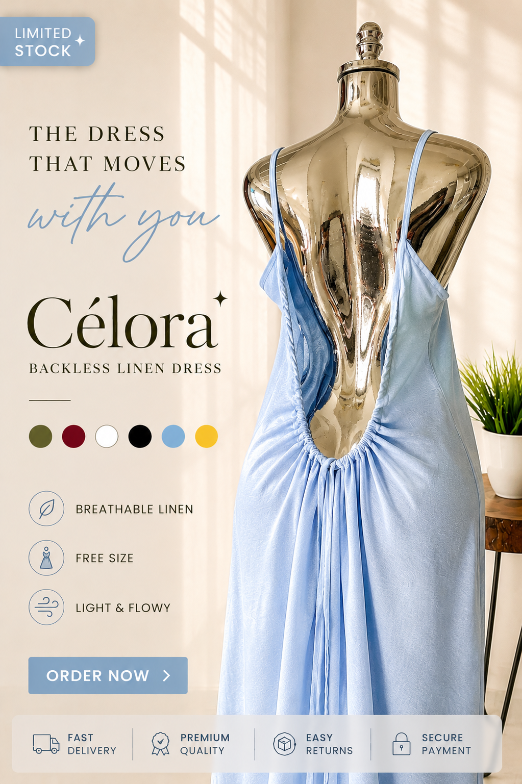 Célora Luxury Backless Linen Dress – (Free Size) Breathable Flowy Fit