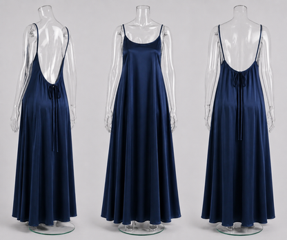 Célora semi-backless satin home dress, ultra-soft satin detail