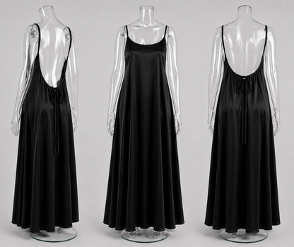 Célora semi-backless satin home dress, back view of the semi-backless design
