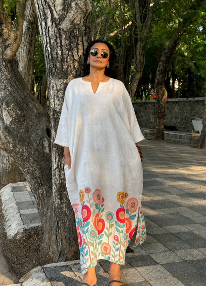 Célora floral kaftan dress in 100% pure linen, off-white floral, Free Size