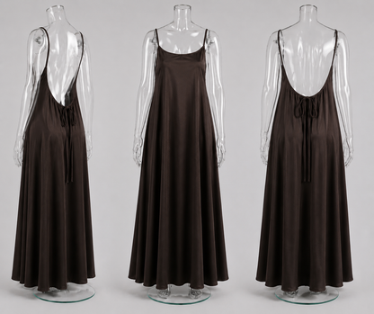 Célora semi-backless satin home dress, styled view