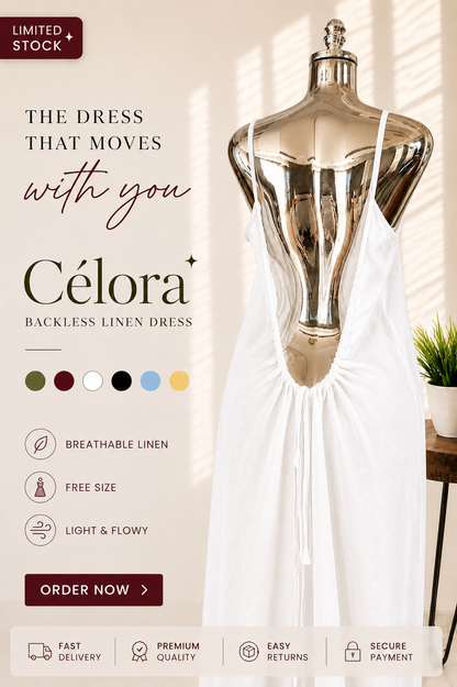 Célora backless linen maxi dress showing the relaxed drape of the linen