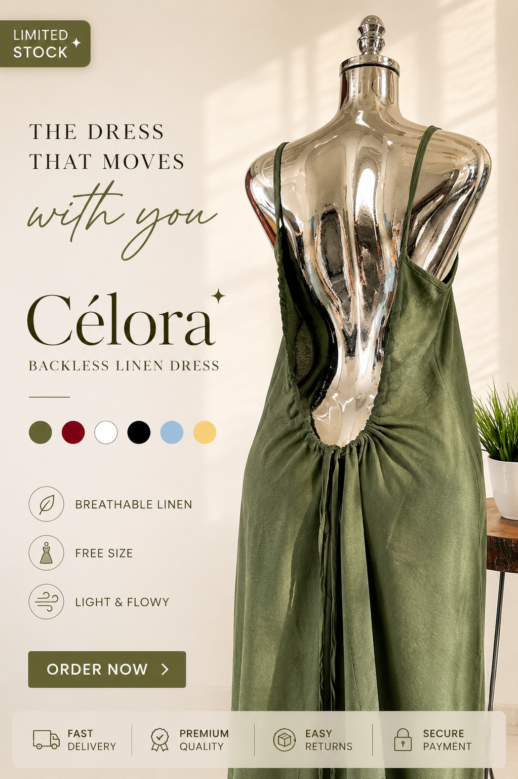 Célora Luxury Backless Linen Dress – (Free Size) Breathable Flowy Fit