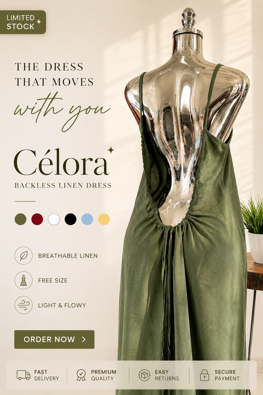 Célora Luxury Backless Linen Dress – (Free Size) Breathable Flowy Fit