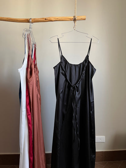 Célora semi-backless satin home dress laid flat in several colours