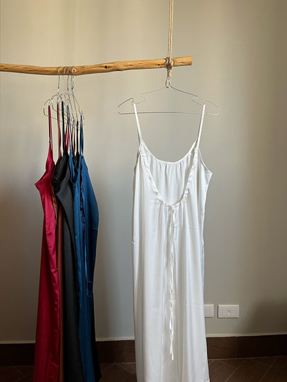 Célora semi-backless satin home dress, full-length view