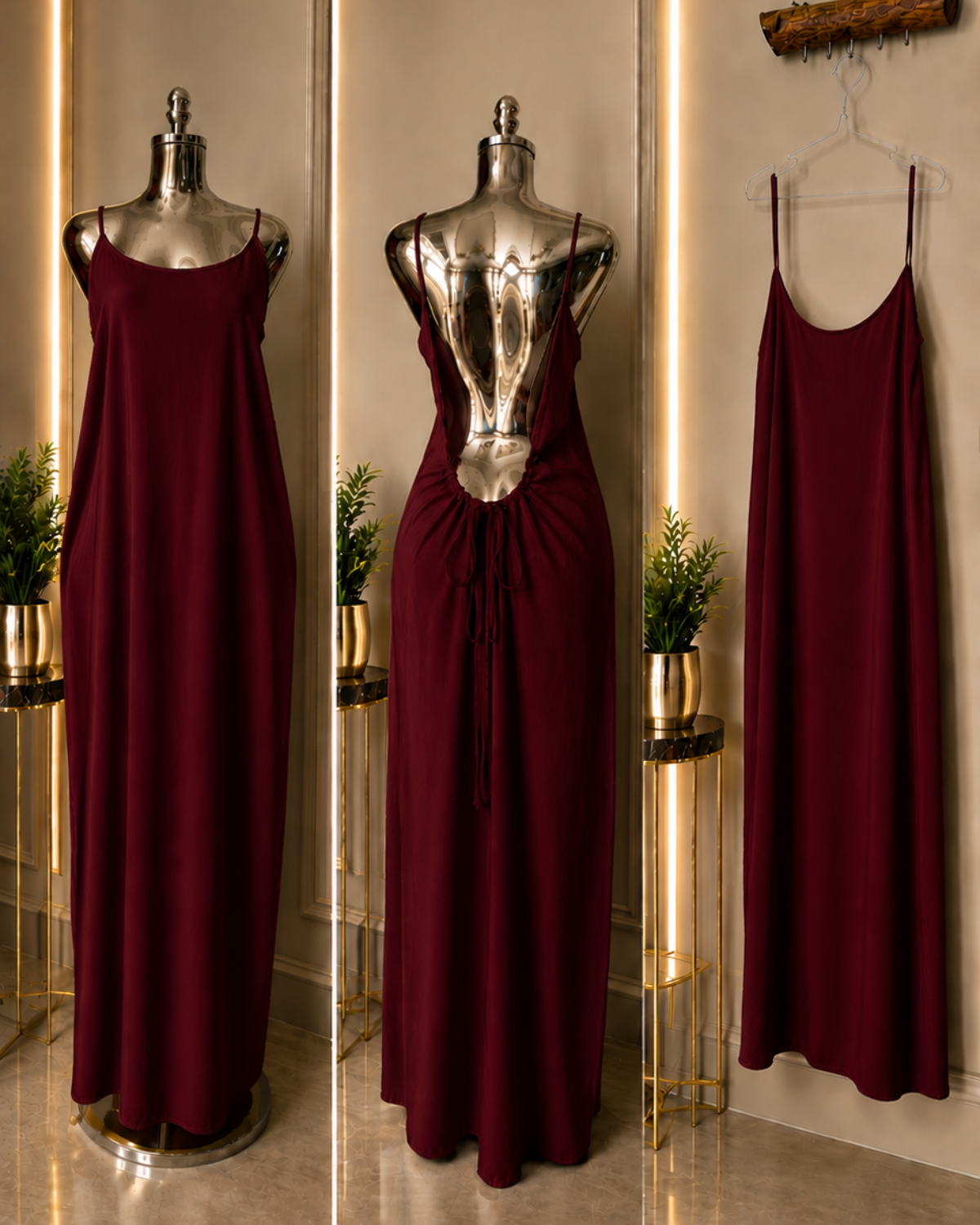Célora backless linen dresses in burgundy — hero